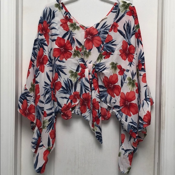 IVORY BOHO STYLE FLORAL TIE FRONT CROP TOP - Picture 3 of 4